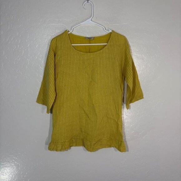 Lungo L'Arno Shirt Womens Medium Yellow Striped Made in Italy 3/4 Sleeve Linen - Picture 1 of 6